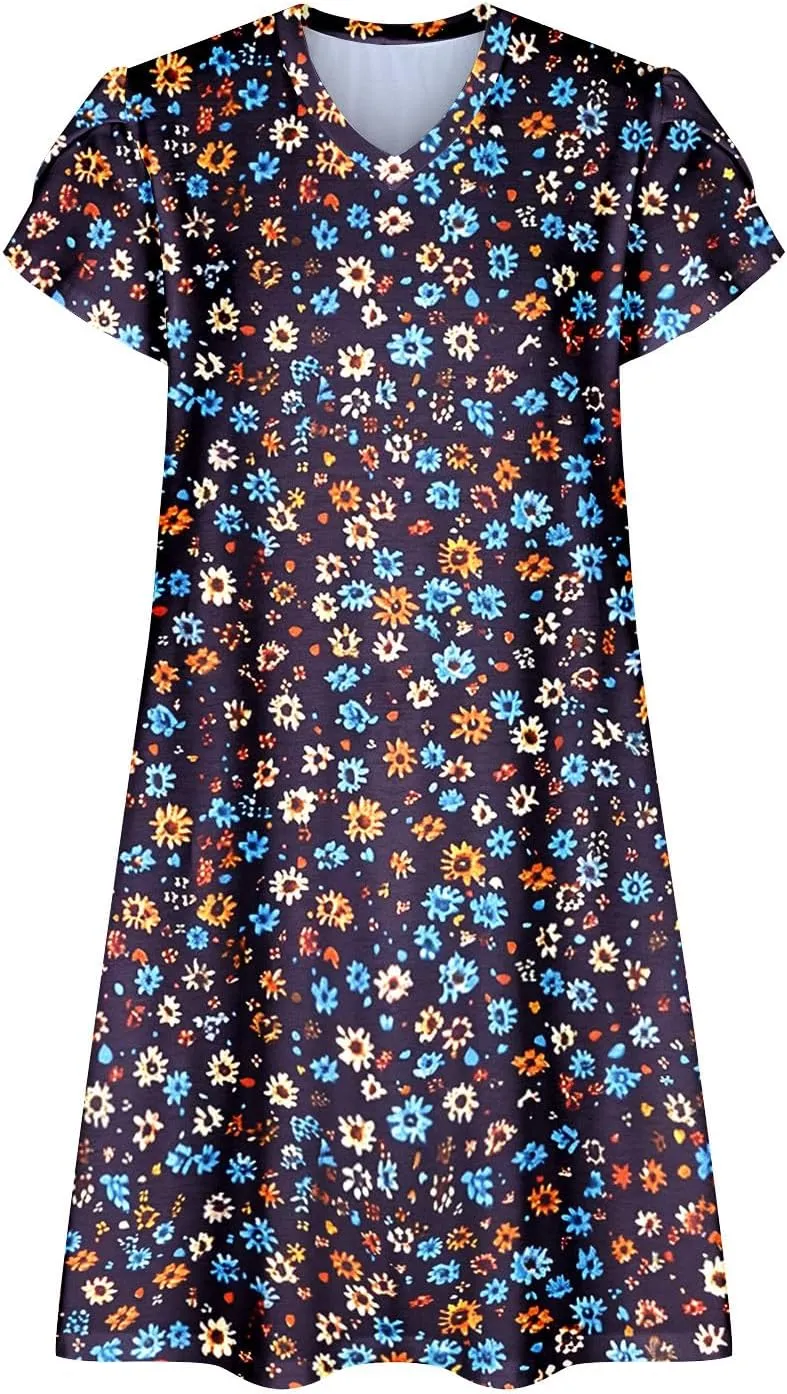 Summer Dresses for Women 2025 Casual Petal Sleeve Tshirt Dress Flowy Beach Swing Sundresses Hawaiian Vacation Outfits