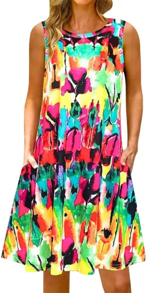Summer Dresses for Women Beach Boho Sleeveless Vintage Floral Flowy Pocket Tshirt Tank Sundresses Round Neck Swing Dress