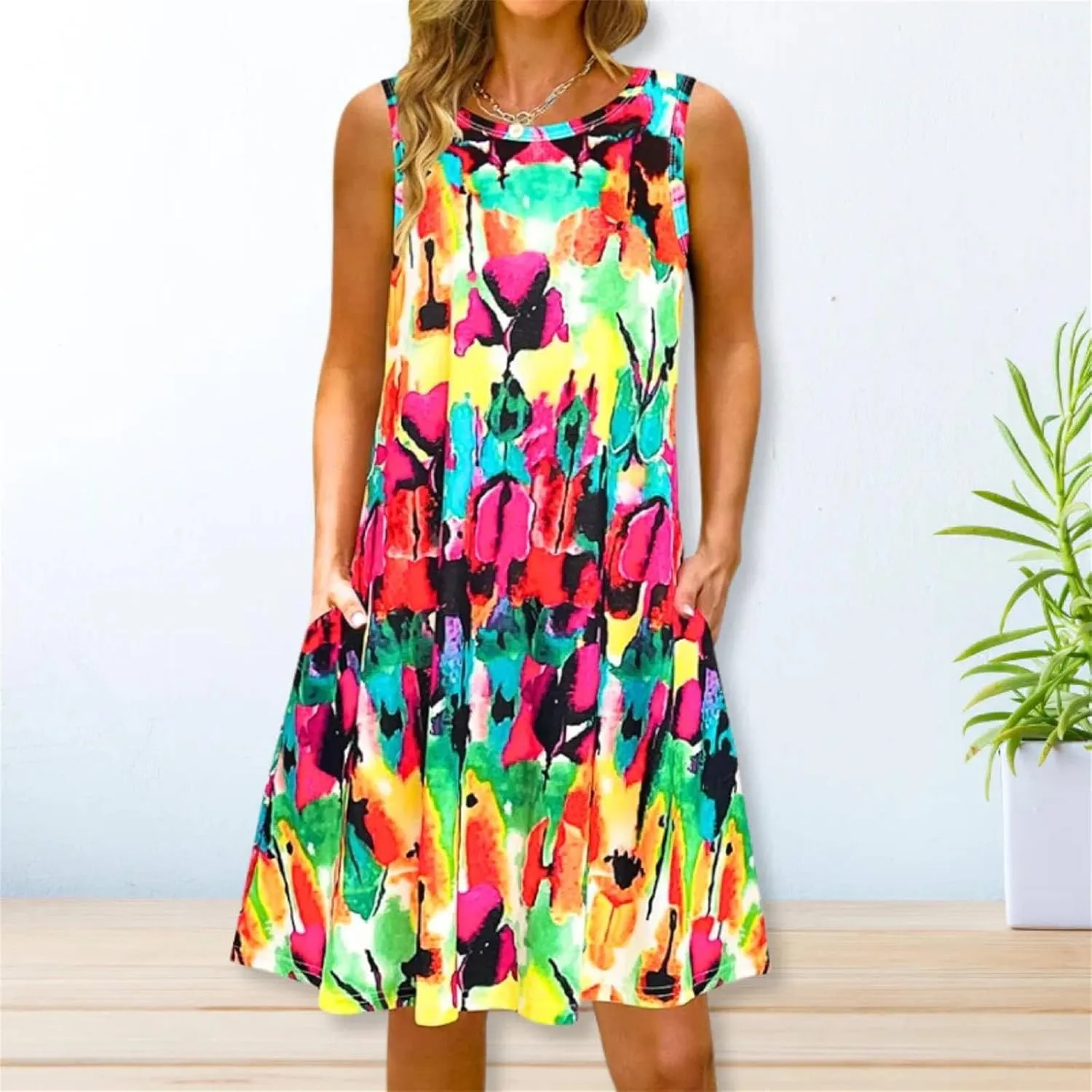 Summer Dresses for Women Beach Boho Sleeveless Vintage Floral Flowy Pocket Tshirt Tank Sundresses Round Neck Swing Dress