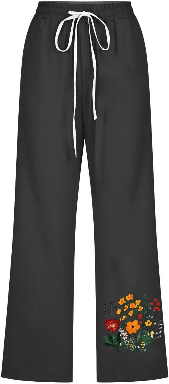 Summer Floral Print Cotton Linen Capri Pants for Women, Drawstring Tie Loose Sweatpants Comfy Casual Pockets Trousers