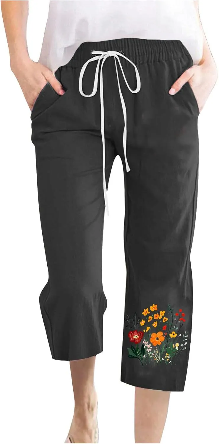 Summer Floral Print Cotton Linen Capri Pants for Women, Drawstring Tie Loose Sweatpants Comfy Casual Pockets Trousers