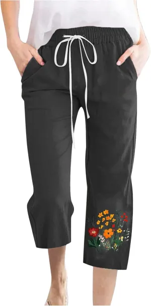 Summer Floral Print Cotton Linen Capri Pants for Women, Drawstring Tie Loose Sweatpants Comfy Casual Pockets Trousers