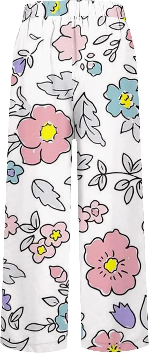 Summer Linen Pants for Women Wide Leg Boho Floral Printed Pants Drawstring Loose Fit Palazzo Trousers with Pockets
