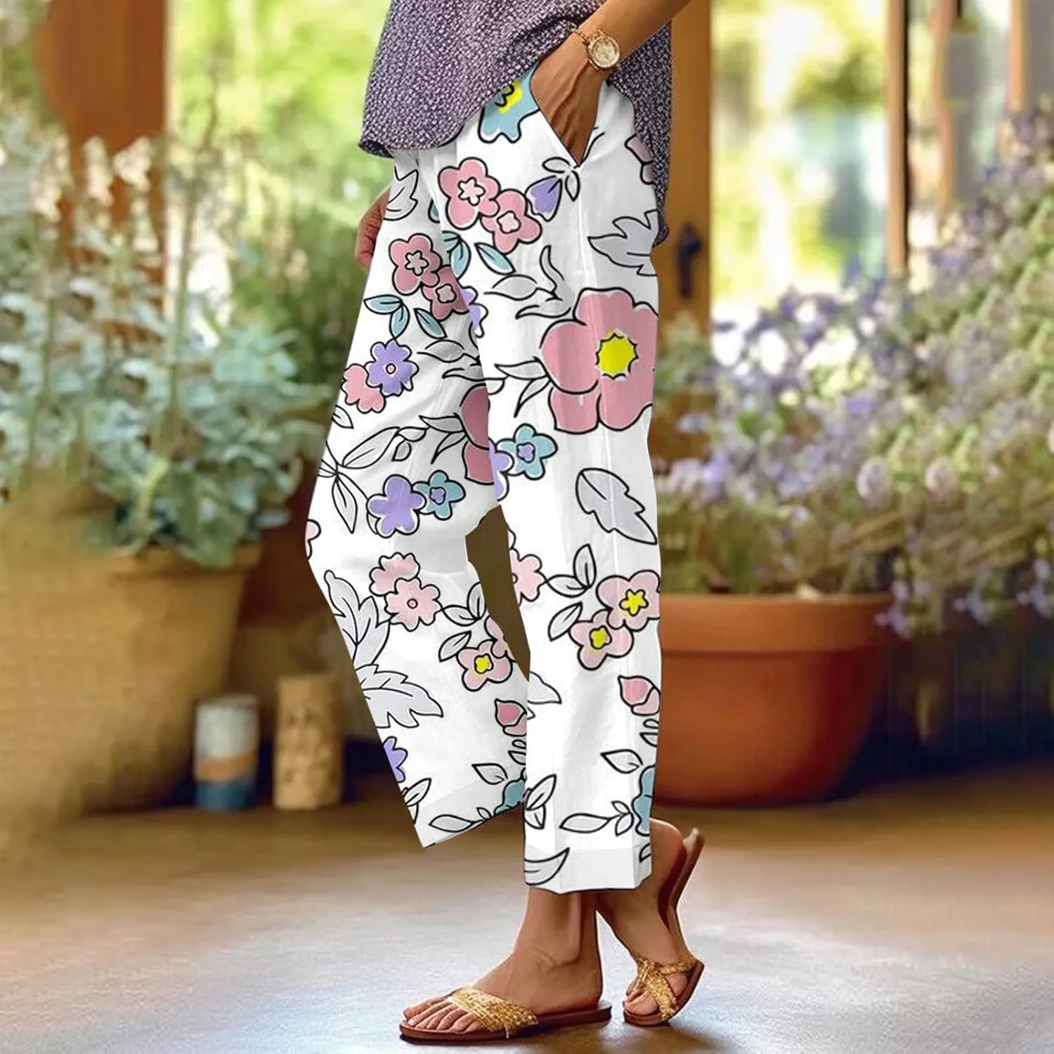 Summer Linen Pants for Women Wide Leg Boho Floral Printed Pants Drawstring Loose Fit Palazzo Trousers with Pockets