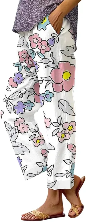 Summer Linen Pants for Women Wide Leg Boho Floral Printed Pants Drawstring Loose Fit Palazzo Trousers with Pockets