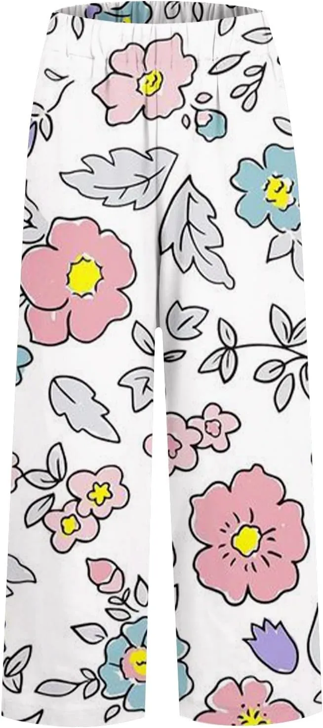 Summer Linen Pants for Women Wide Leg Boho Floral Printed Pants Drawstring Loose Fit Palazzo Trousers with Pockets