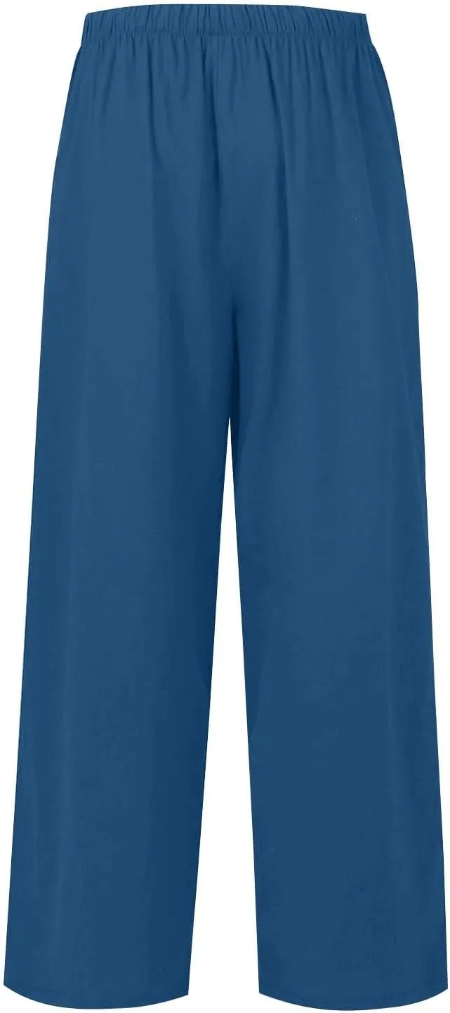 Summer Linen Pants Women Casual Drawstring Elastic Waist Palazzo Pants Flowy Boho Wide Leg Beach Trousers with Pockets