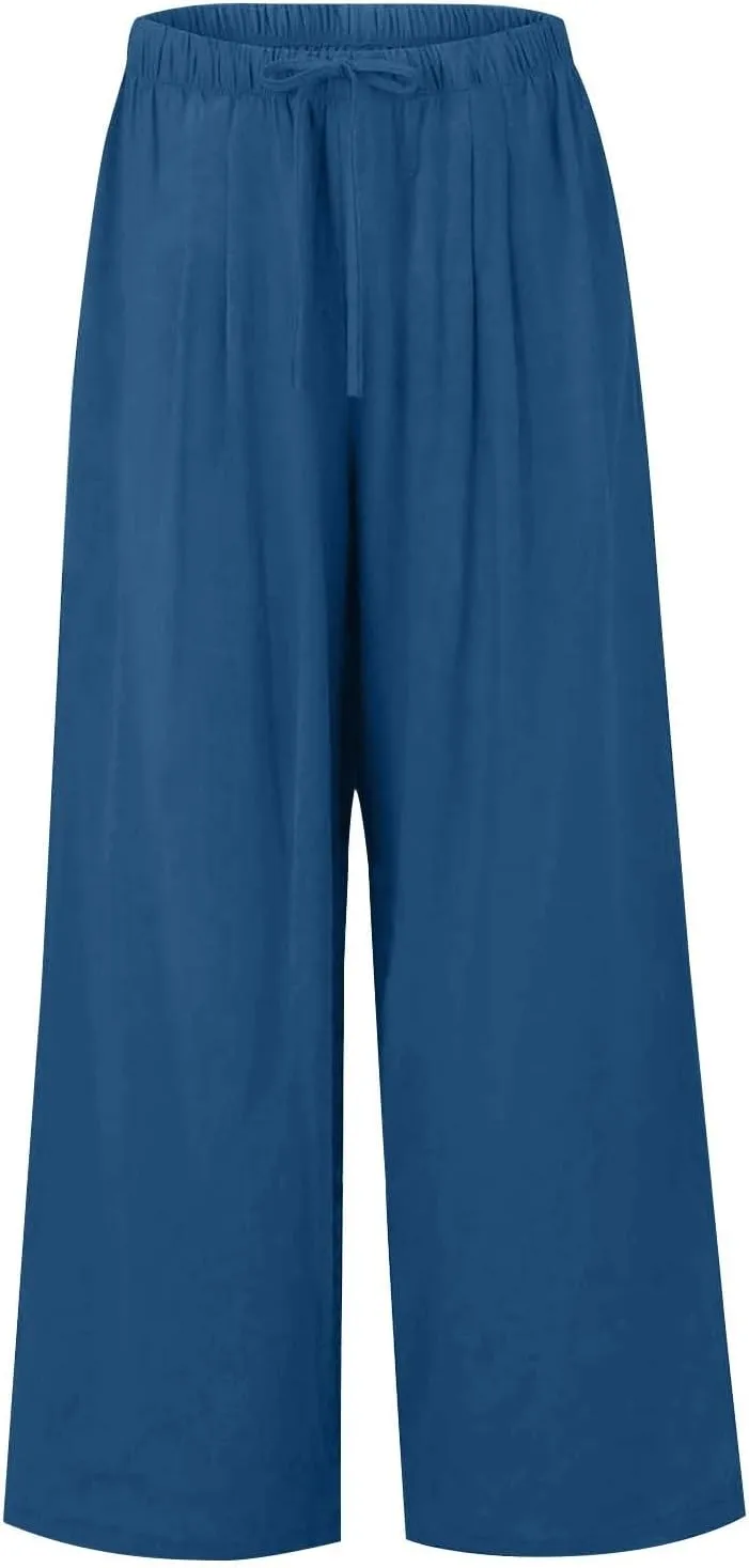 Summer Linen Pants Women Casual Drawstring Elastic Waist Palazzo Pants Flowy Boho Wide Leg Beach Trousers with Pockets