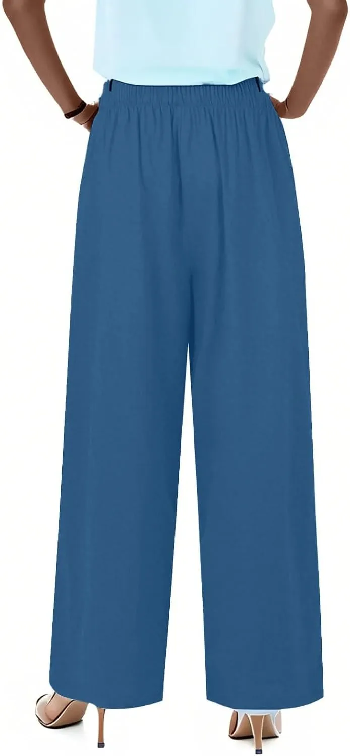Summer Linen Pants Women Casual Drawstring Elastic Waist Palazzo Pants Flowy Boho Wide Leg Beach Trousers with Pockets