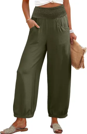 Summer Pants for Women Tall Wide Leg Summer Linen Pants Elastic Waist Loose Fit Baggy Palazzo Trousers with Pockets
