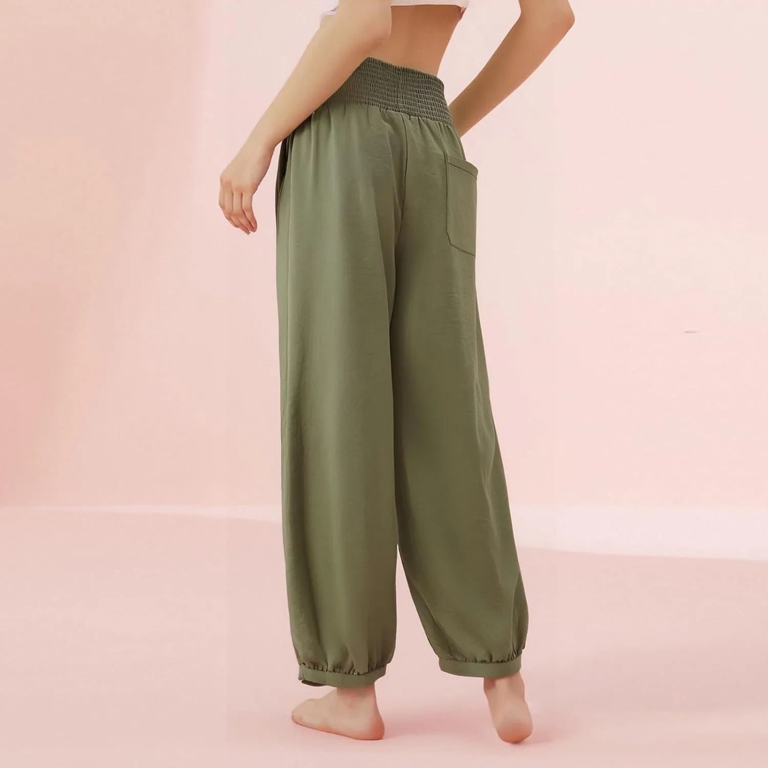 Summer Pants for Women Tall Wide Leg Summer Linen Pants Elastic Waist Loose Fit Baggy Palazzo Trousers with Pockets