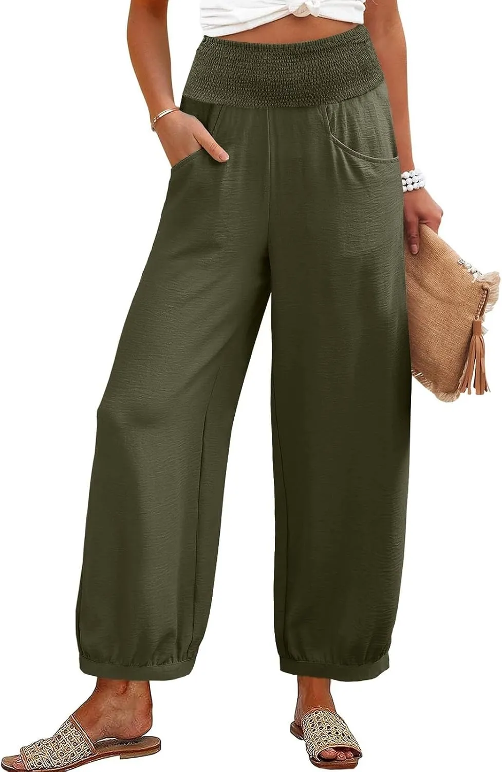 Summer Pants for Women Tall Wide Leg Summer Linen Pants Elastic Waist Loose Fit Baggy Palazzo Trousers with Pockets