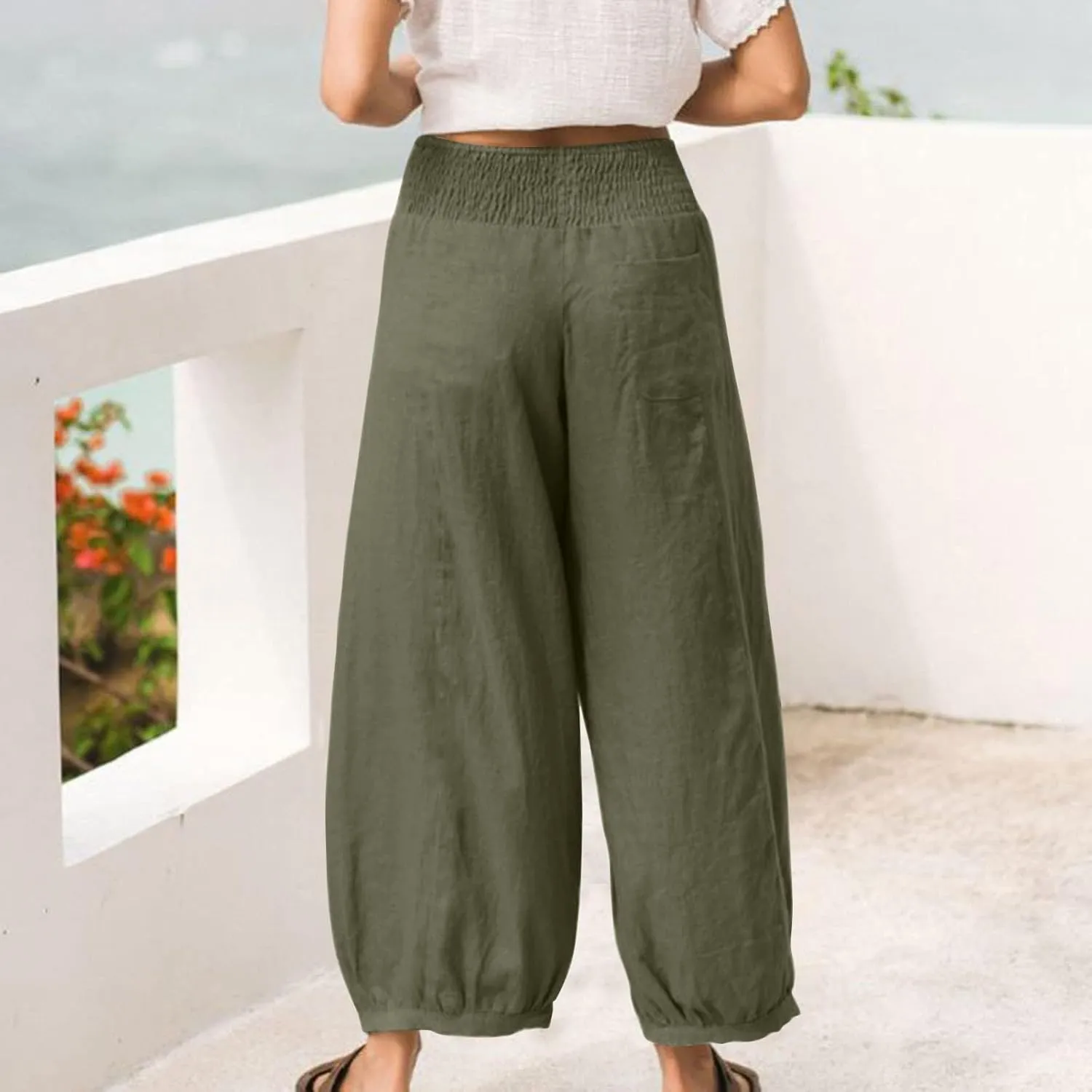 Summer Pants for Women Tall Wide Leg Summer Linen Pants Elastic Waist Loose Fit Baggy Palazzo Trousers with Pockets