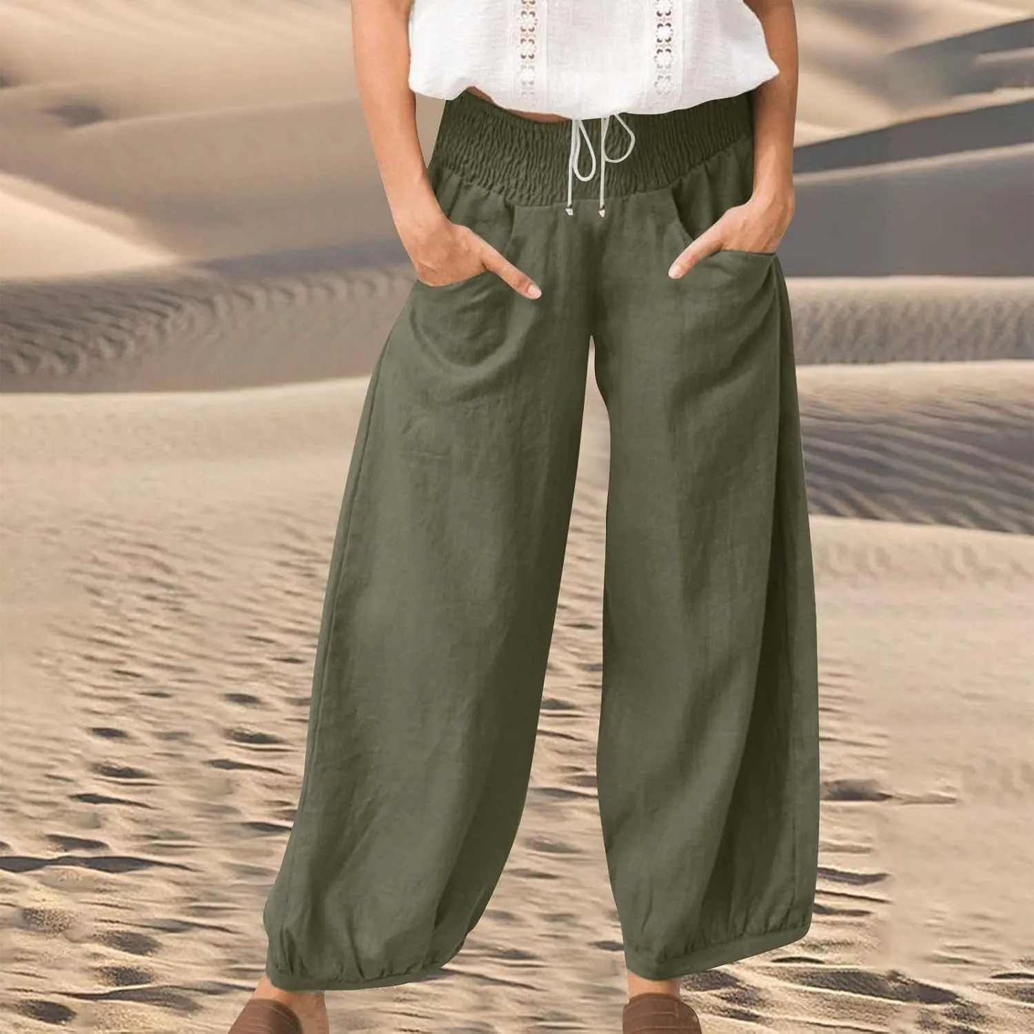 Summer Pants for Women Tall Wide Leg Summer Linen Pants Elastic Waist Loose Fit Baggy Palazzo Trousers with Pockets