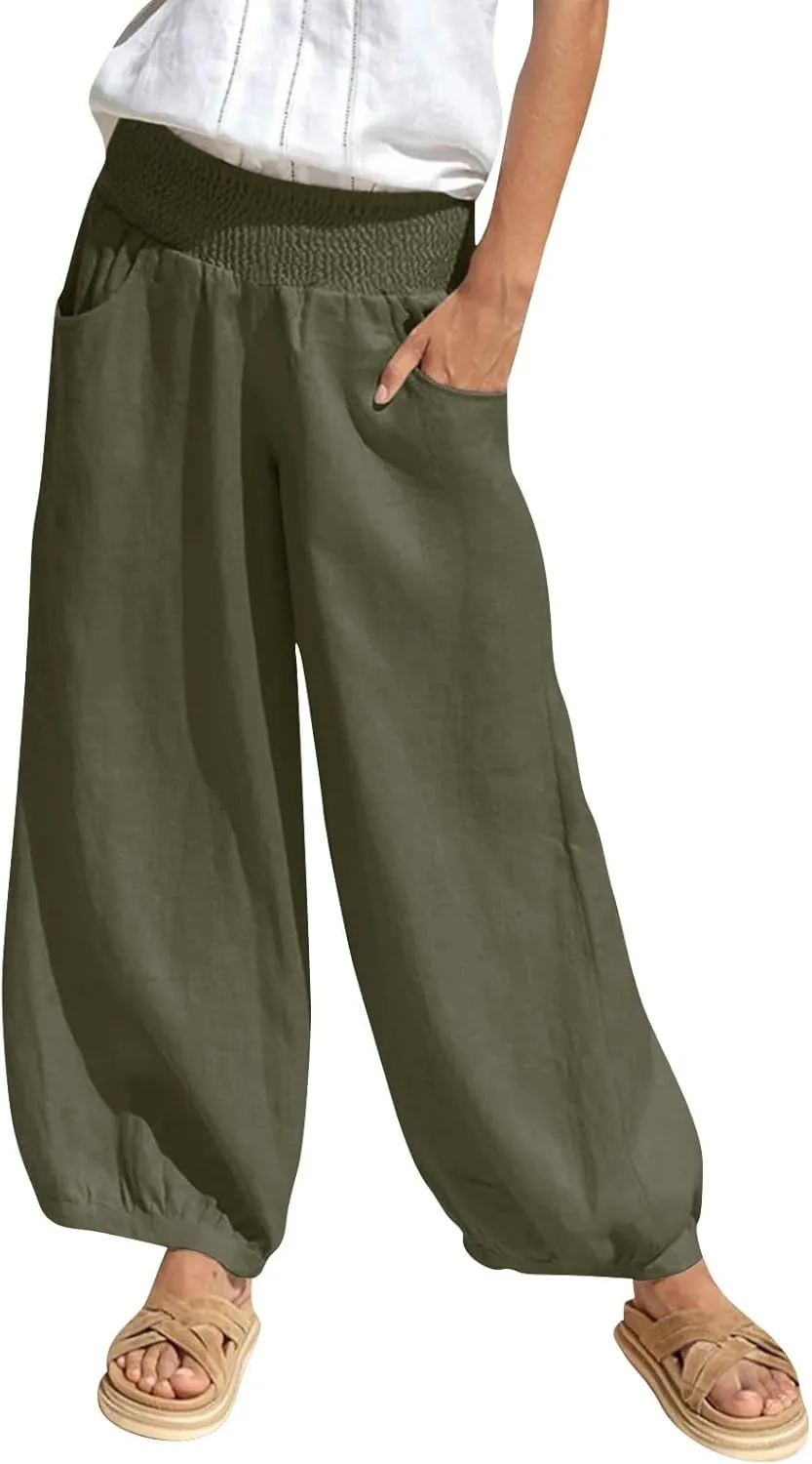Summer Pants for Women Tall Wide Leg Summer Linen Pants Elastic Waist Loose Fit Baggy Palazzo Trousers with Pockets