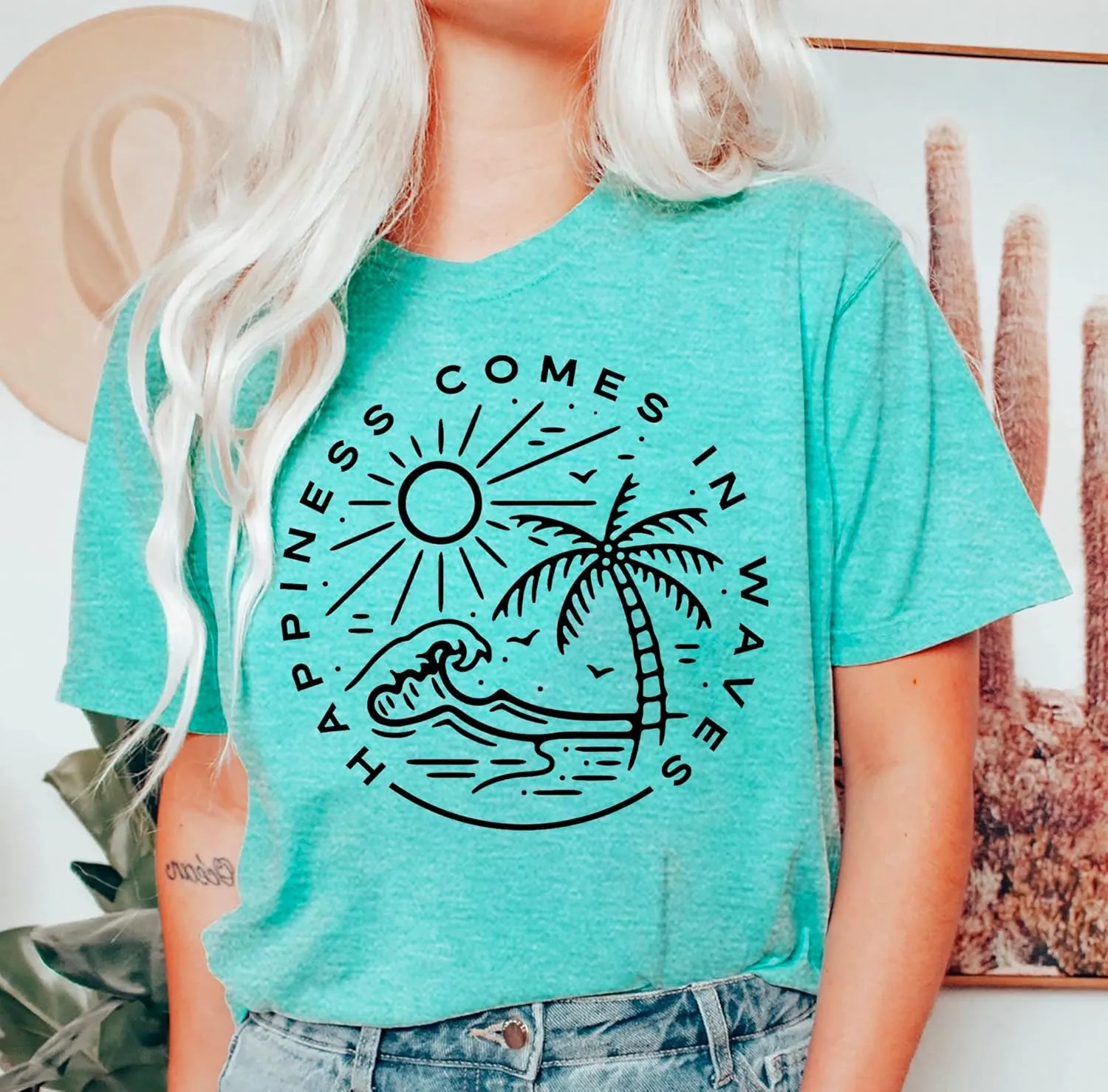 Summer T Shirt for Women Wave Coconut Tree Graphic Short Sleeve Casual Vacation Trip Tee Top