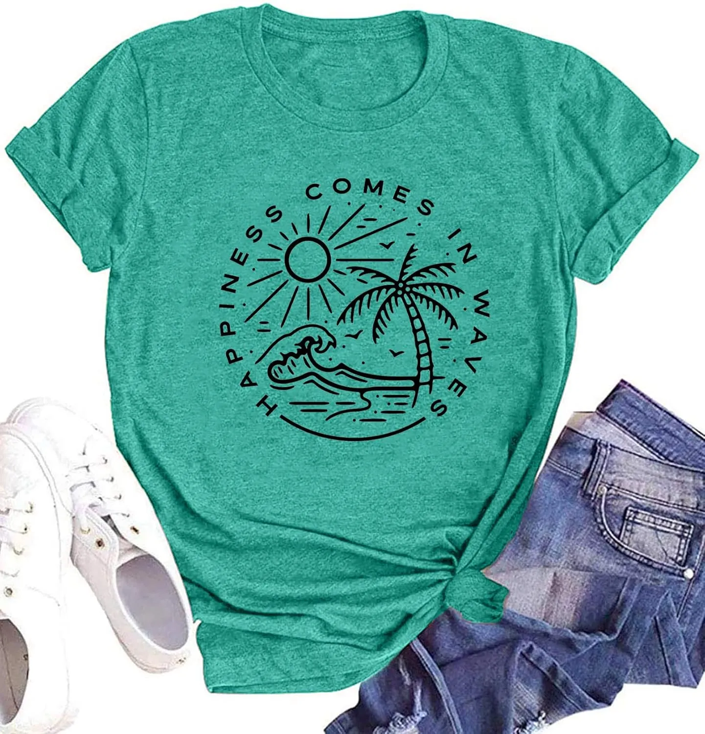 Summer T Shirt for Women Wave Coconut Tree Graphic Short Sleeve Casual Vacation Trip Tee Top