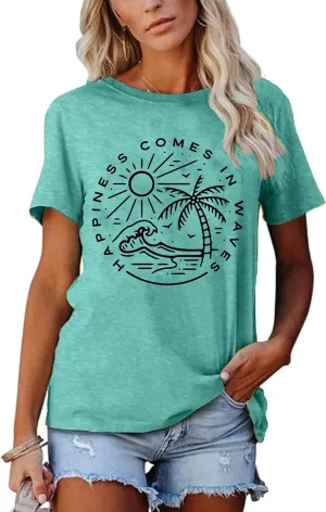 Summer T Shirt for Women Wave Coconut Tree Graphic Short Sleeve Casual Vacation Trip Tee Top