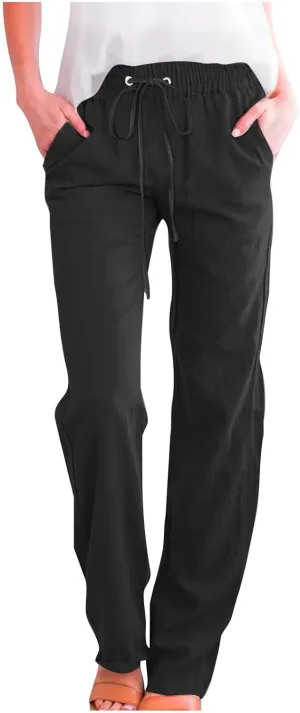Summer Womens Linen Long Pants Wide Leg Palazzo Pants High Waisted Solid Color Lounge Trousers with Pockets