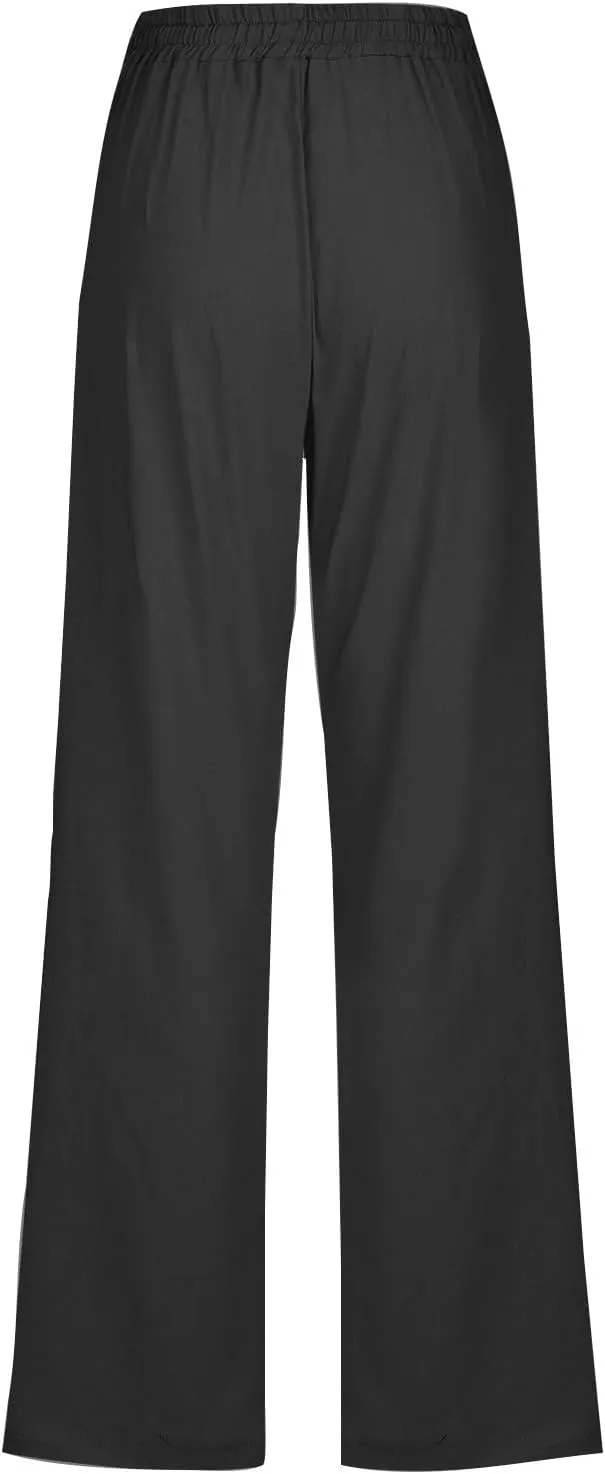 Summer Womens Linen Long Pants Wide Leg Palazzo Pants High Waisted Solid Color Lounge Trousers with Pockets