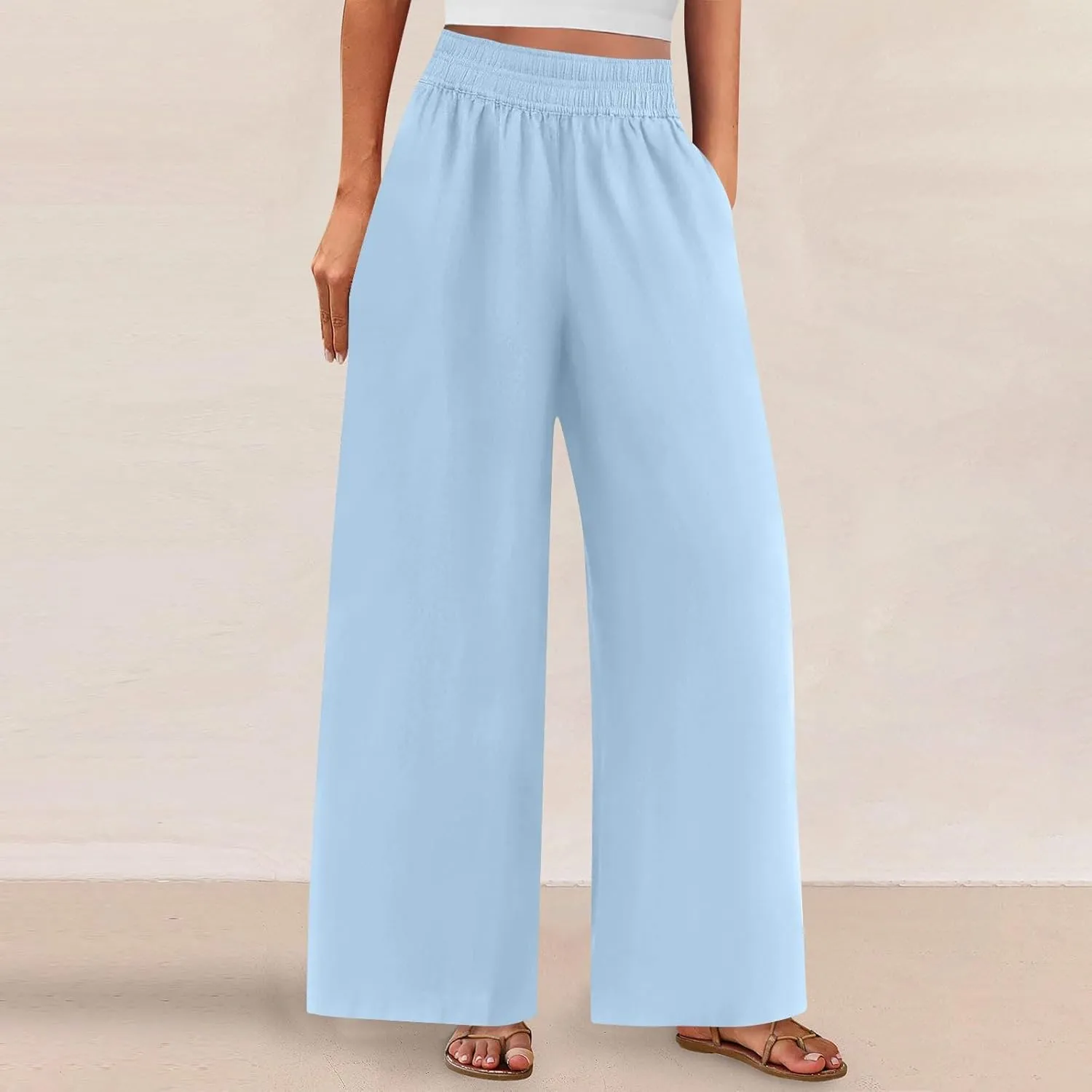 Summer Womens Linen Pants Casual 2025 Elastic Waist Loose Flowy Wide Leg Palazzo Pants Trousers with Pockets