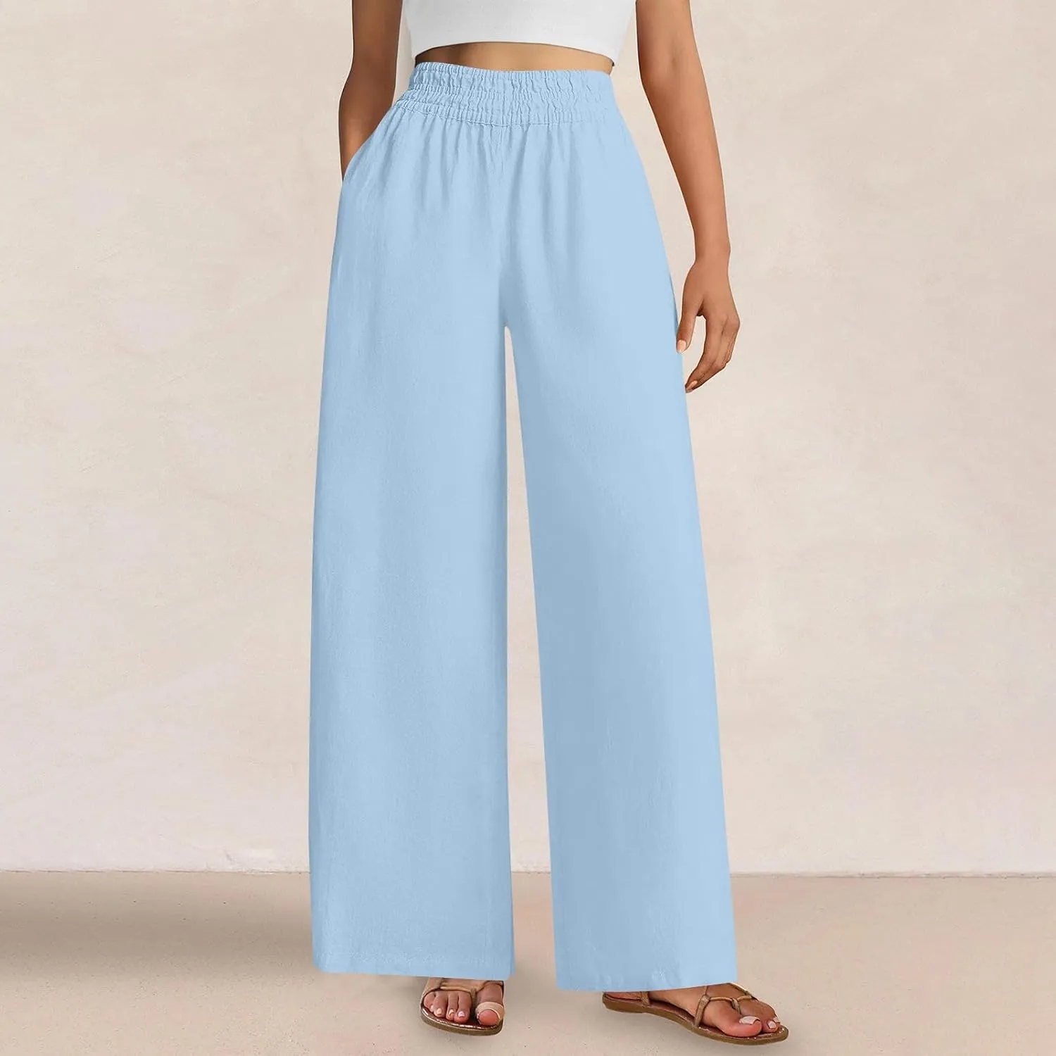 Summer Womens Linen Pants Casual 2025 Elastic Waist Loose Flowy Wide Leg Palazzo Pants Trousers with Pockets