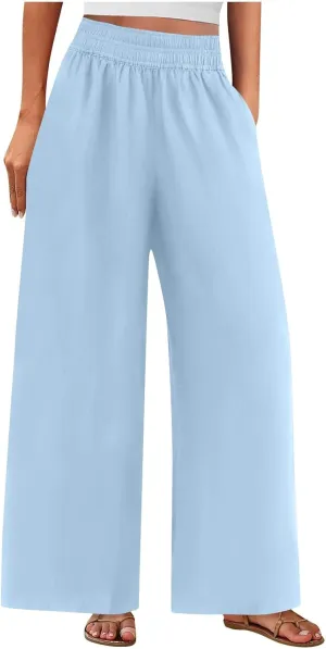Summer Womens Linen Pants Casual 2025 Elastic Waist Loose Flowy Wide Leg Palazzo Pants Trousers with Pockets