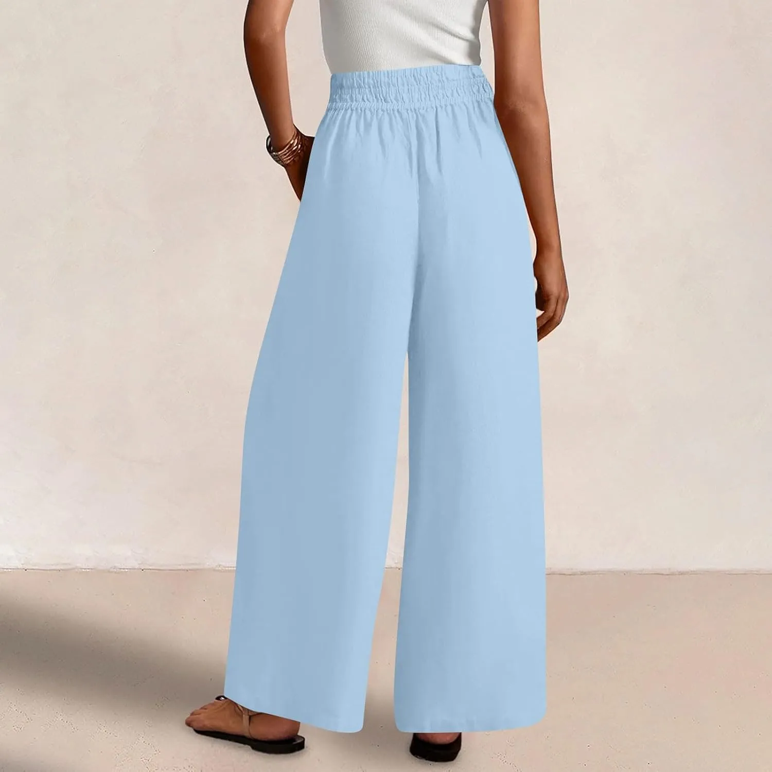 Summer Womens Linen Pants Casual 2025 Elastic Waist Loose Flowy Wide Leg Palazzo Pants Trousers with Pockets
