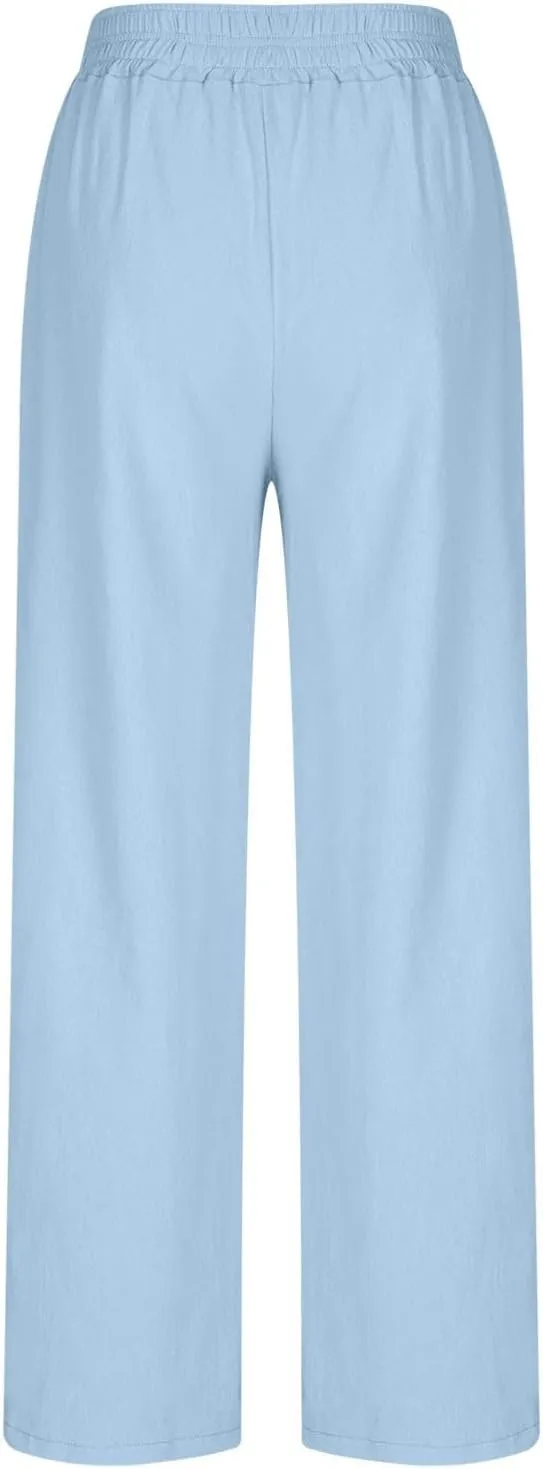 Summer Womens Linen Pants Casual 2025 Elastic Waist Loose Flowy Wide Leg Palazzo Pants Trousers with Pockets