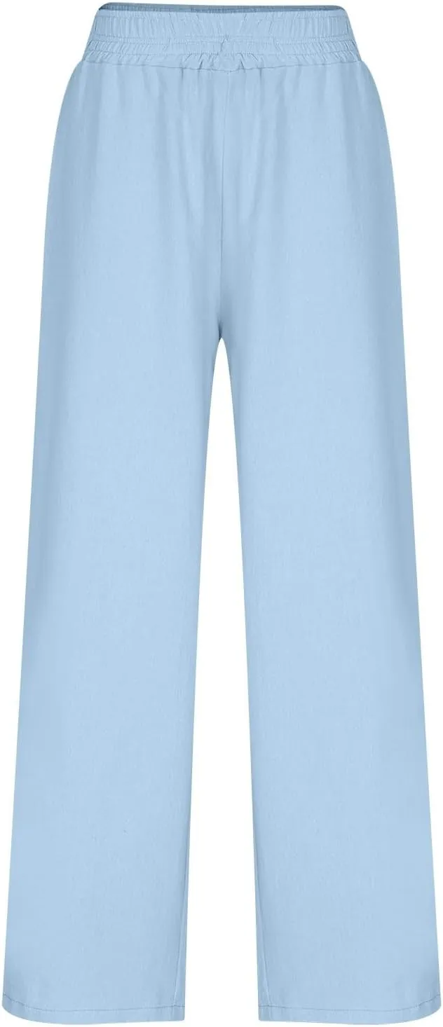 Summer Womens Linen Pants Casual 2025 Elastic Waist Loose Flowy Wide Leg Palazzo Pants Trousers with Pockets