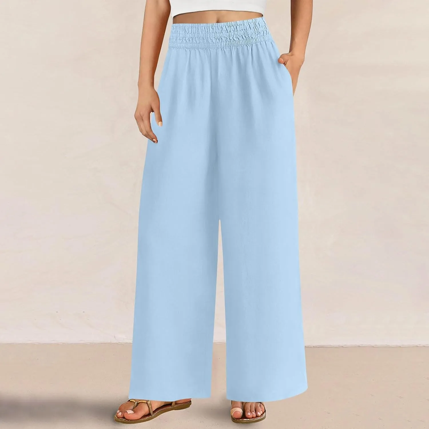 Summer Womens Linen Pants Casual 2025 Elastic Waist Loose Flowy Wide Leg Palazzo Pants Trousers with Pockets