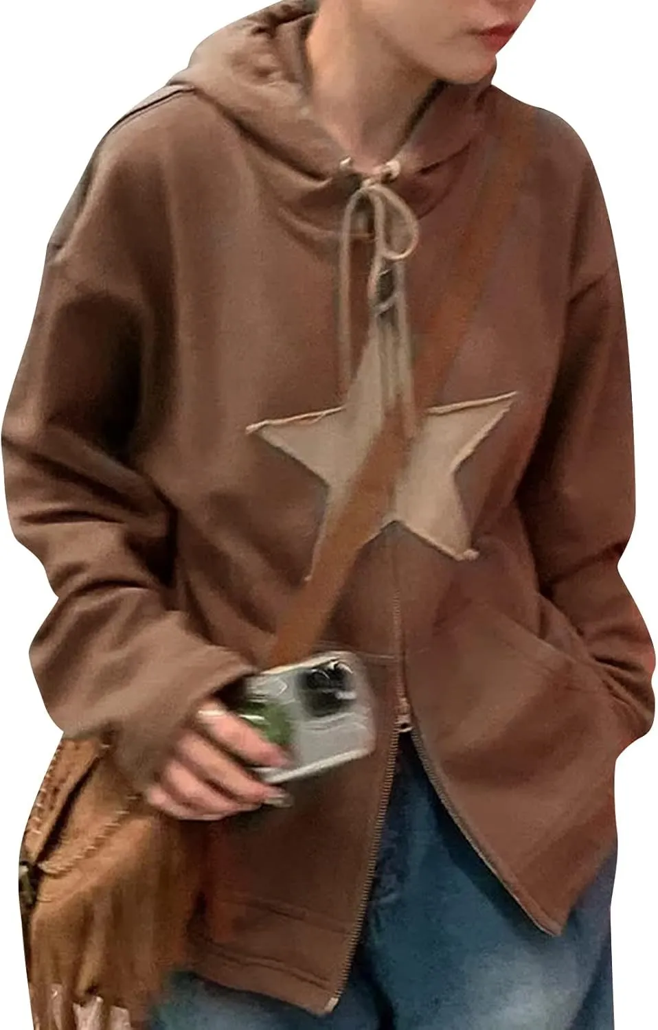 Sunwittafy Women's Y2k Zip Up Hoodie Star Print Hooded Sweatshirt Oversized Long Sleeve Jacket Harajuku Casual Streetwear