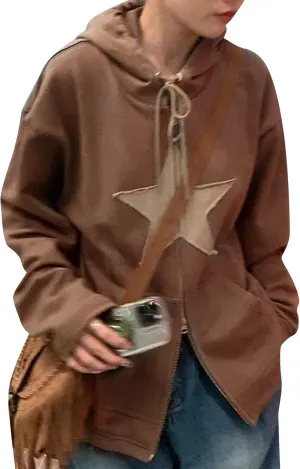 Sunwittafy Women's Y2k Zip Up Hoodie Star Print Hooded Sweatshirt Oversized Long Sleeve Jacket Harajuku Casual Streetwear