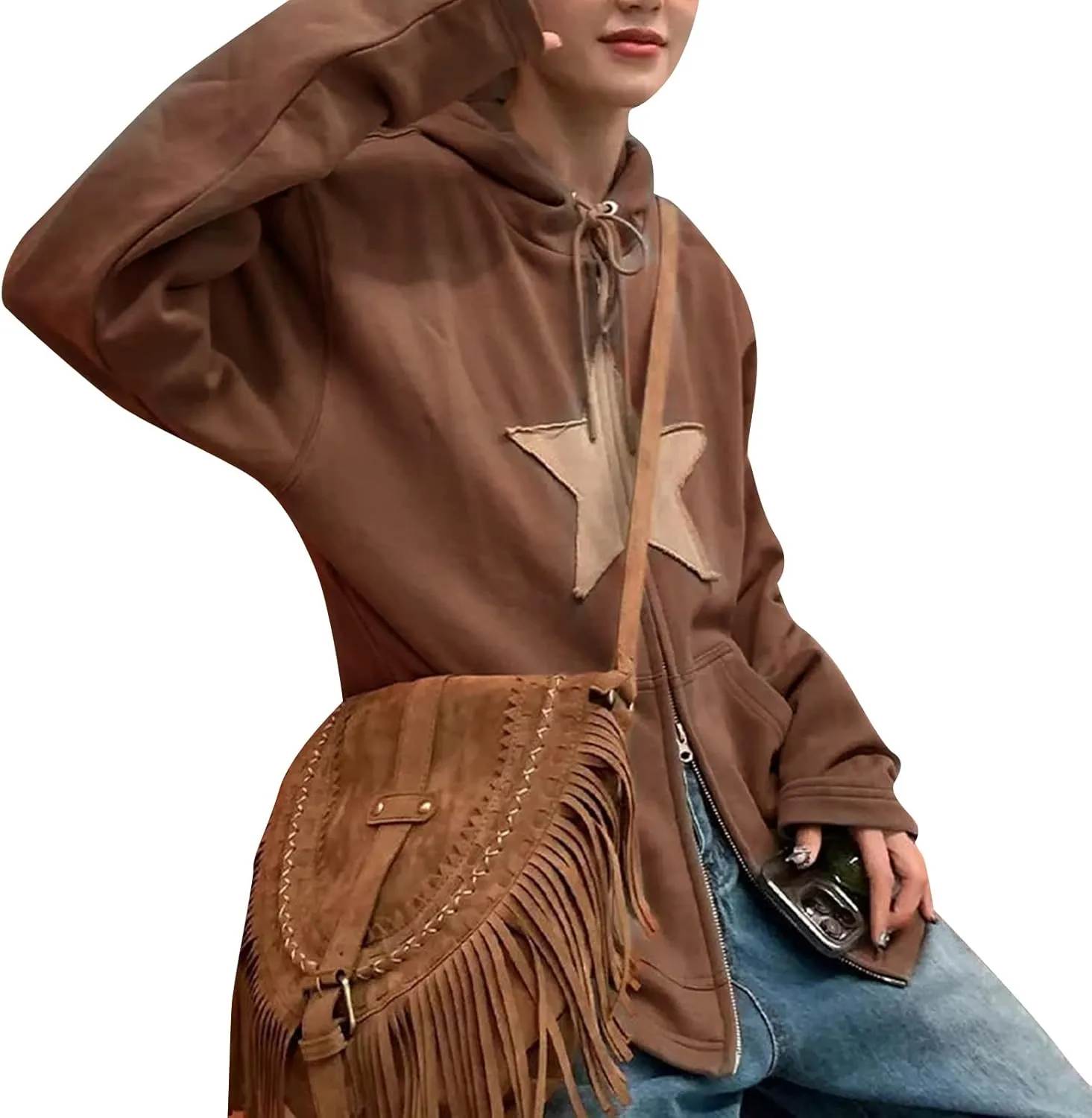 Sunwittafy Women's Y2k Zip Up Hoodie Star Print Hooded Sweatshirt Oversized Long Sleeve Jacket Harajuku Casual Streetwear