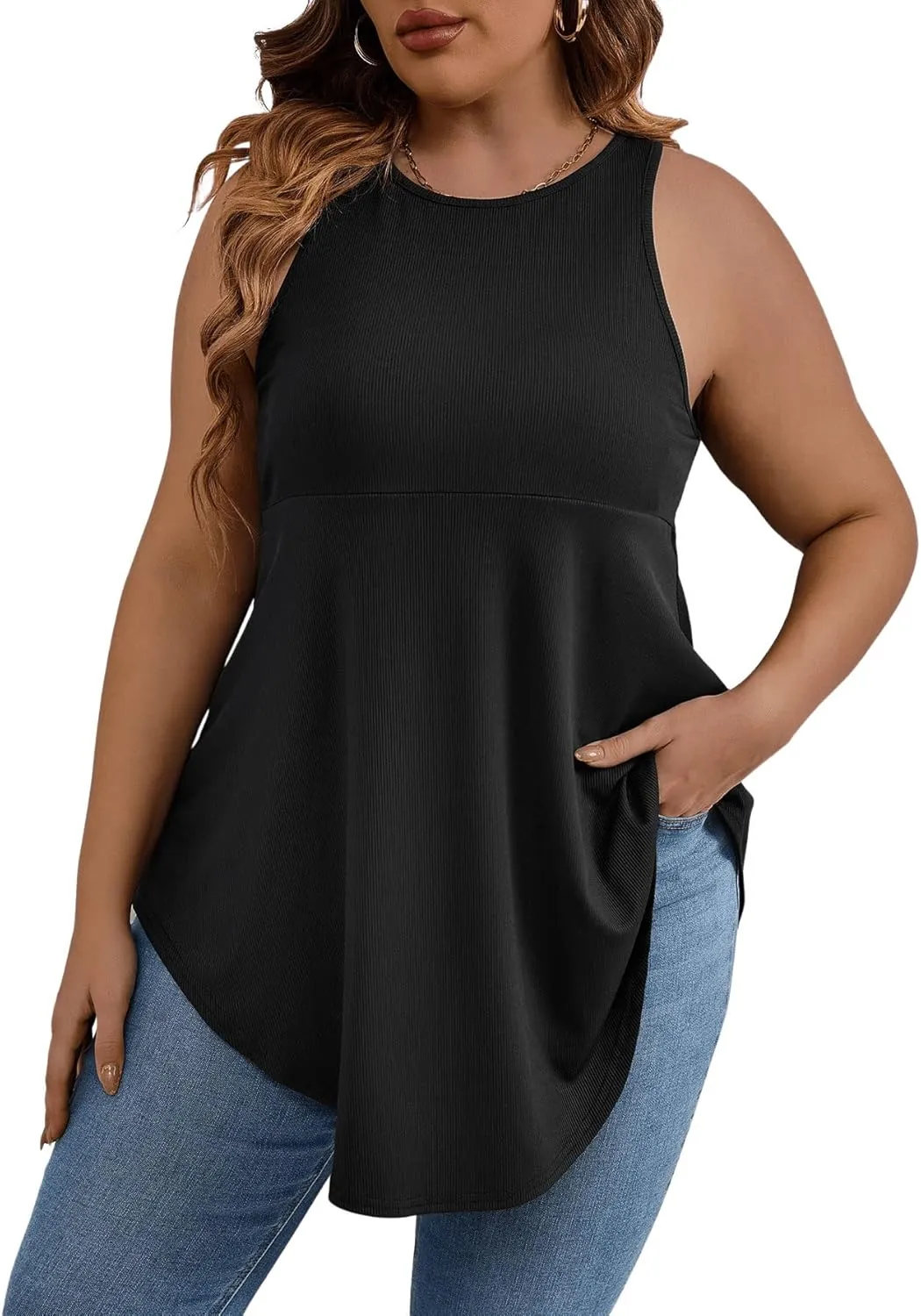 SweatyRocks Women' Loose Sleeveless Solid Color Casual Plain Tank Tops Plus Size Curved Hem Workout Summer Tee Tops