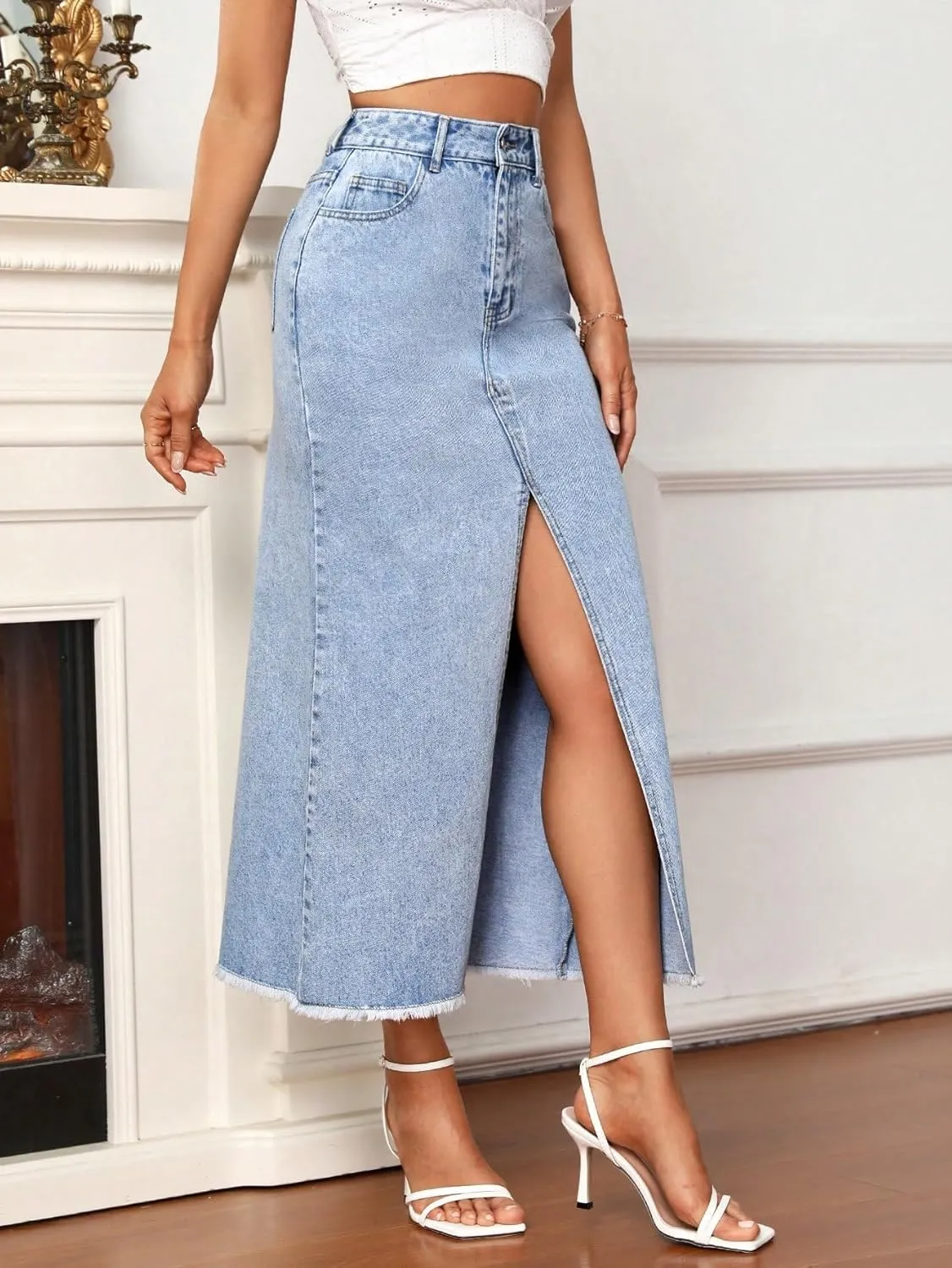 SweatyRocks Women's Casual High Waist Denim Skirt Split Hem Raw Trim Midi Jean Skirts