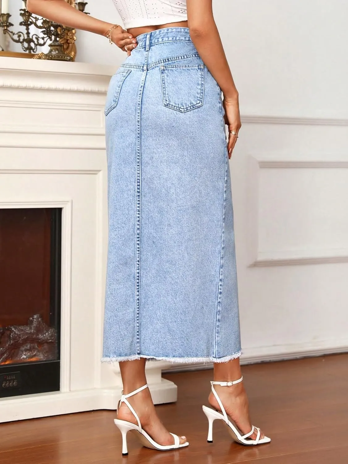 SweatyRocks Women's Casual High Waist Denim Skirt Split Hem Raw Trim Midi Jean Skirts