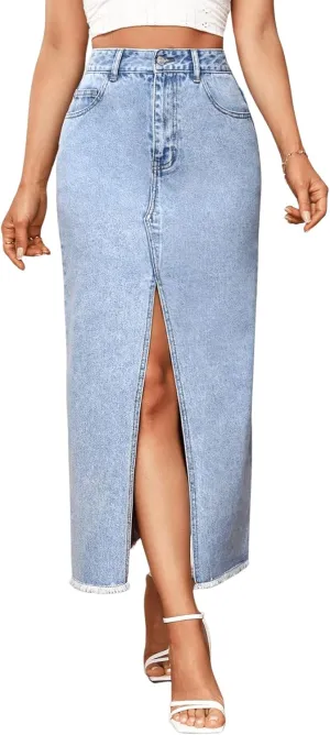 SweatyRocks Women's Casual High Waist Denim Skirt Split Hem Raw Trim Midi Jean Skirts