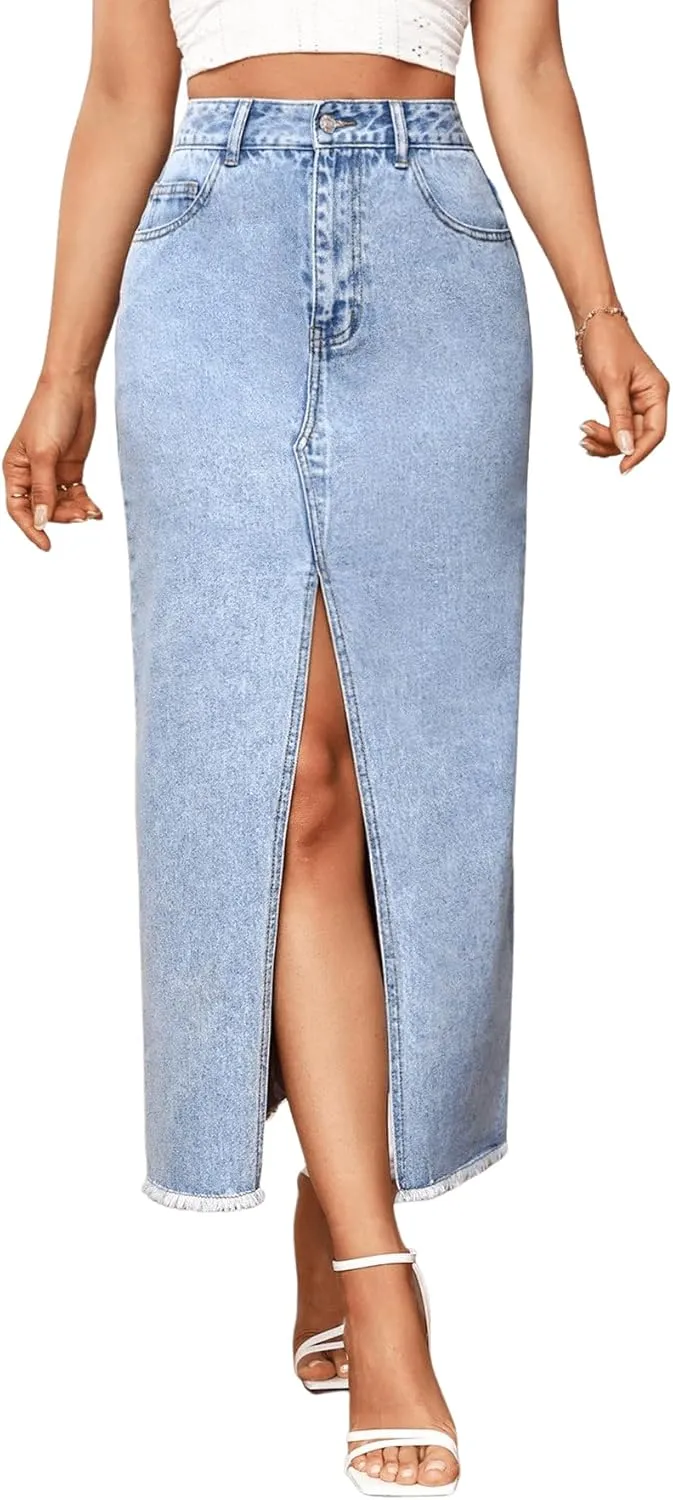 SweatyRocks Women's Casual High Waist Denim Skirt Split Hem Raw Trim Midi Jean Skirts