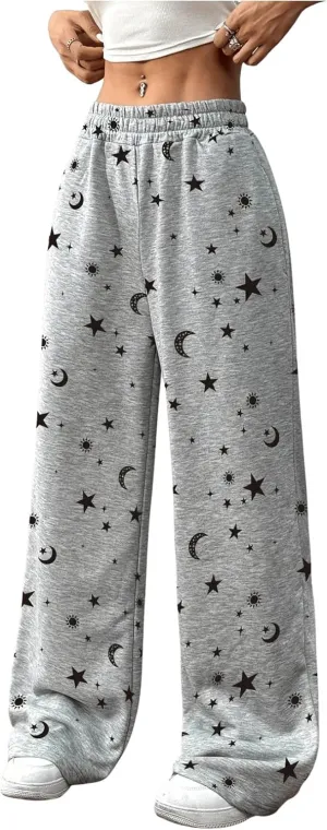 SweatyRocks Women's Star Graphic Wide Leg Sweatpants Elastic High Waisted Y2K Pants