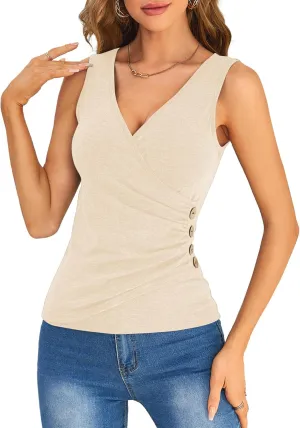SweatyRocks Women's Wrap Ruched Tank Tops V-Neck Solid Button Design Slim Fit Casual Holiday Summer Tee Tops