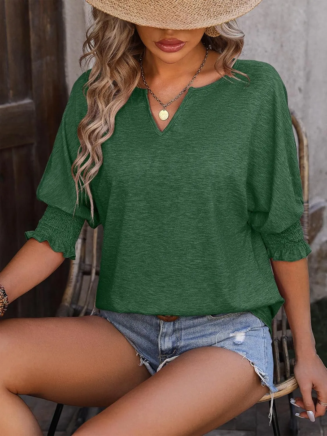 TAKEYAL Women's 2025 Fashion 3/4 Sleeve V Neck T-Shirts Cute Spring Summer Business Dressy Blouses Solid Basic Tee Tops