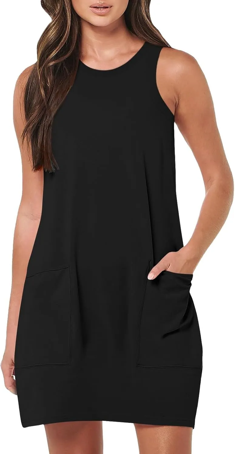 Tank Dresses for Women 2025 Summer Sleeveless Mini Dress with Pockets Beach Vacation Crew Neck Loose Flowy Sundress