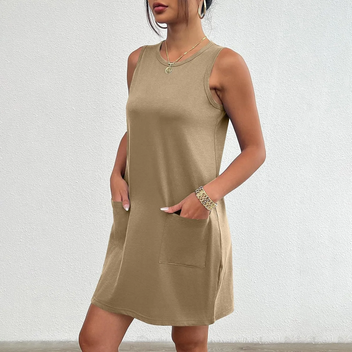 Tank Dresses for Women 2025 Summer Sleeveless Mini Dress with Pockets Beach Vacation Crew Neck Loose Flowy Sundress