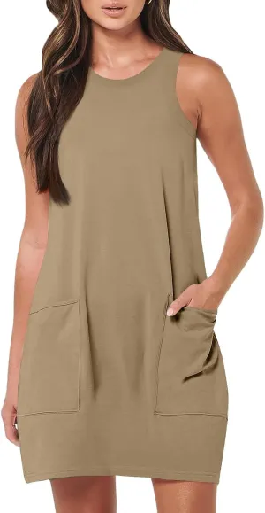 Tank Dresses for Women 2025 Summer Sleeveless Mini Dress with Pockets Beach Vacation Crew Neck Loose Flowy Sundress
