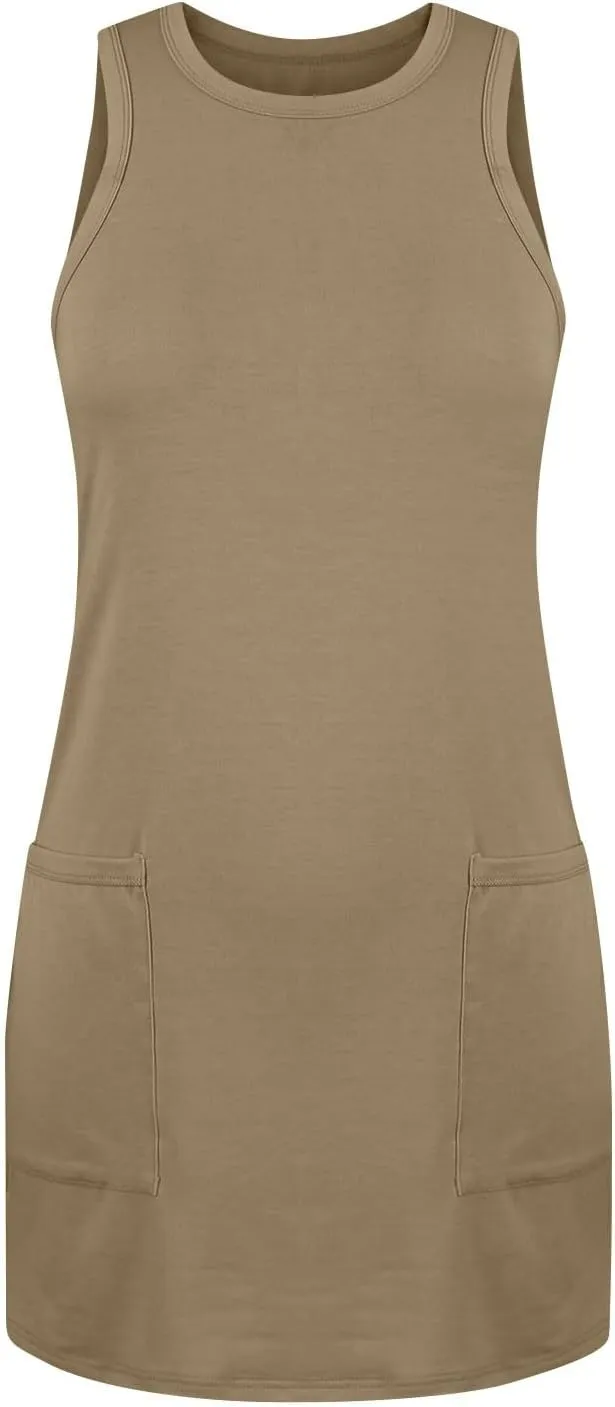 Tank Dresses for Women 2025 Summer Sleeveless Mini Dress with Pockets Beach Vacation Crew Neck Loose Flowy Sundress