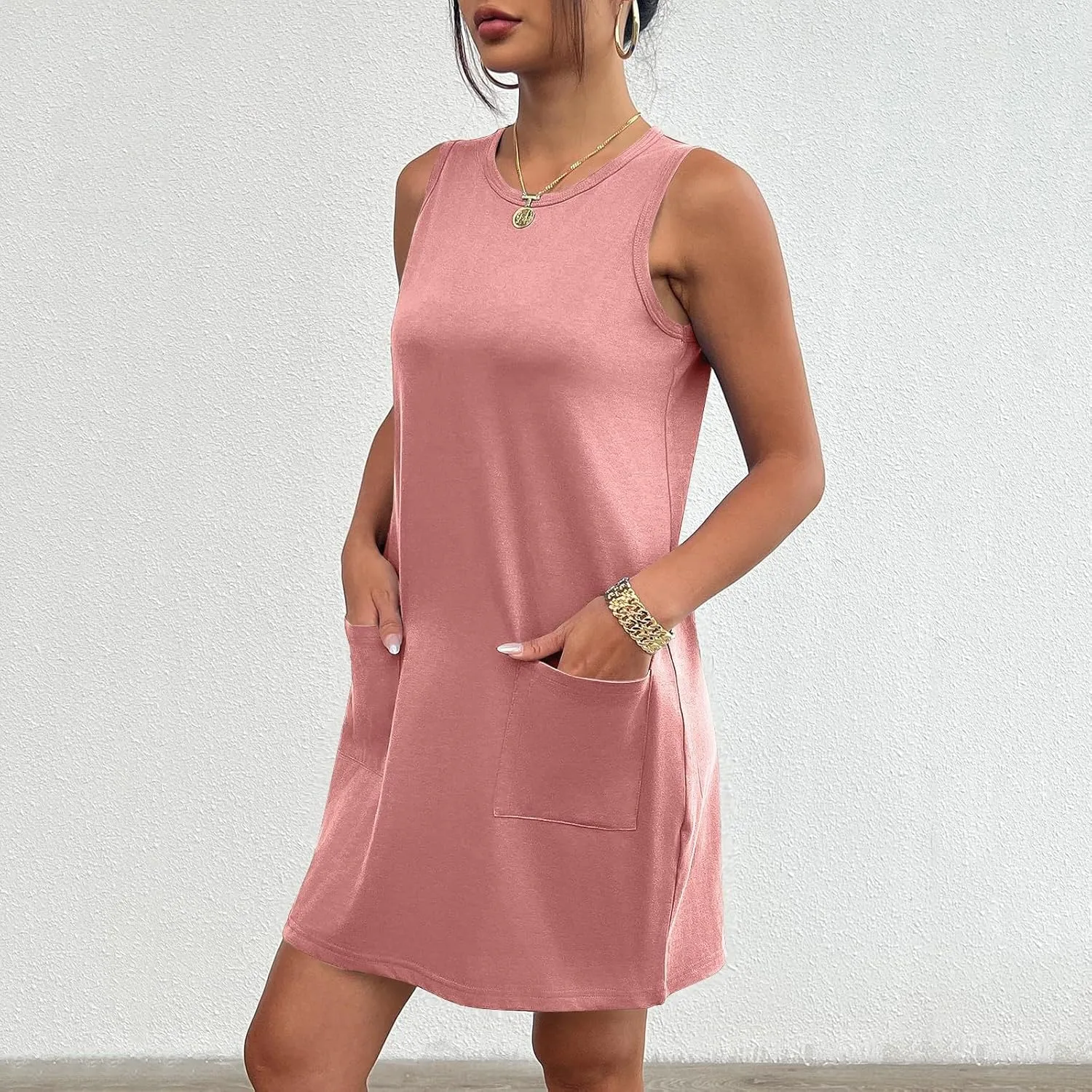 Tank Dresses for Women 2025 Summer Sleeveless Mini Dress with Pockets Beach Vacation Crew Neck Loose Flowy Sundress