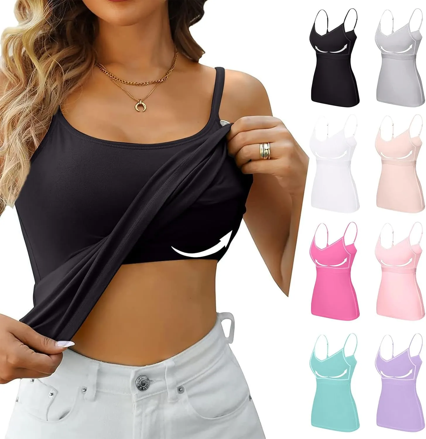 Tank Tops with Built in Bra for Women Sleeveless Spaghetti Strap Camisole Plus Size Cotton Padded Workout Basic Tops