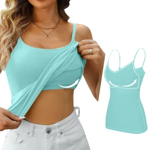 Tank Tops with Built in Bra for Women Sleeveless Spaghetti Strap Camisole Plus Size Cotton Padded Workout Basic Tops