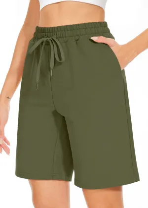 TARSE Women's Bermuda Shorts Long Cotton Loose with Pockets Knee Length for Yoga Casual Walking Exercise Shorts